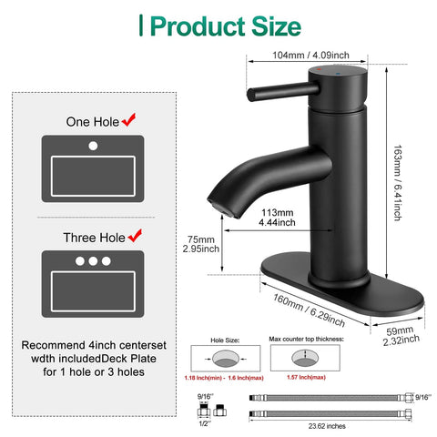 Matte Black Single Handle Bathroom Faucet For Vessel Sink And Lavatory with deck plate, shown with size dimensions and hole options