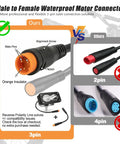 Comparison of 3-pin Julet connector with orange insulator for Off Road Ebike Headlight For 3 Pin Julet Systems IP68 Waterproof