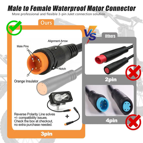 Comparison of 3-pin Julet connector with orange insulator for Off Road Ebike Headlight For 3 Pin Julet Systems IP68 Waterproof