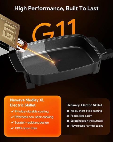 Medley XL Digital Electric Skillet Family Size Griddle With Glass Lid 100 To 425F Precision Heating 7 Qt Portable Hot Plate PFAS Free G11 Nonstick Ceramic Coating with durability highlights