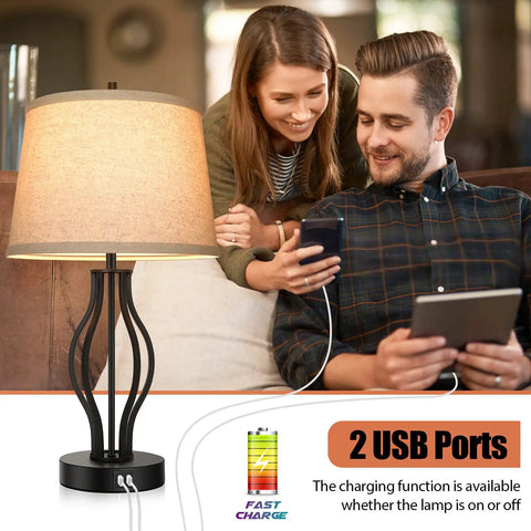 Couple using phones beside Two Pack Touch Control 3-Way Dimmable Table Lamps With USB Ports, 22 Inch Modern Bedside Lamps, Beige Fabric Shade