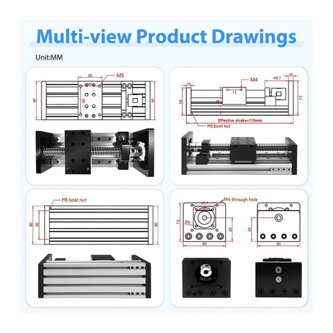Multi-view product drawings of Nema 23 Linear Motor Kit Featuring 80Mm Wide Cnc Sliding Table And Badass Double Rail Stage Built Tough For Heavy Duty Projects With Zero Hassle Setup.