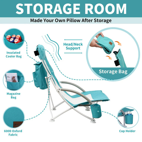 High Back Beach Chair With Umbrella And Cooler Cup Holder And Carry Bag Heavy Duty Portable Chair side view with details