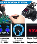 Compact Hot Air Rework Station Kit With Integrated Nozzle Holder, 3 Nozzles And 2 Tweezers, Adjustable Temperature And Air Volume, PID Control, C/F Conversion, Palm Sized Main Unit For Precise PCB Soldering And Heat Rework in use with digital display and temperature controls highlighted