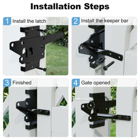 Installation steps for Heavy Duty Self Locking Gate Latch for Pool and Garden Gates, Weatherproof Black Finish on white fence