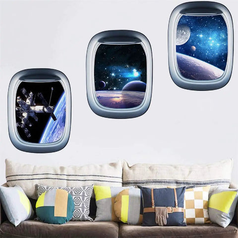 3D Planet Universe Galaxy Space Wall Decals Set With Spacecraft And Astronauts Peel And Stick Removable PVC Wall Murals over couch