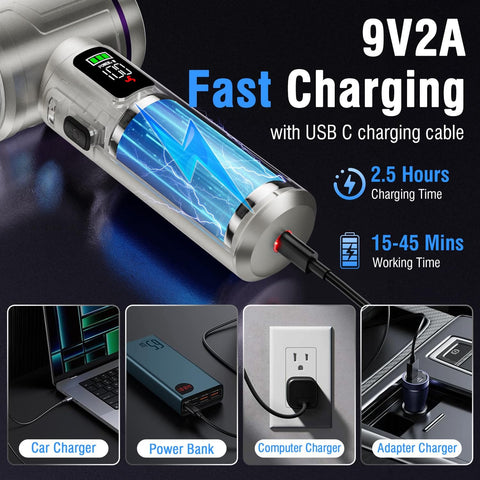 Cordless Handheld Car Vacuum With 22000 Pa High Power Suction showing fast USB-C charging options including car, power bank, and adapter.
