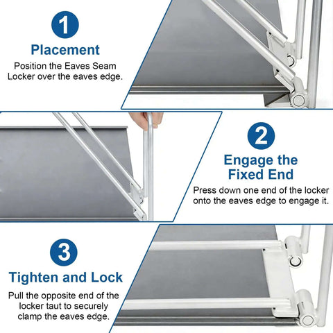Steps showing how to use Heavy Duty Eaves Seam Locker Tool For Metal Roofs And Drip Edge Hemming Bender Pro Grade 180 Degree Lock And Bend