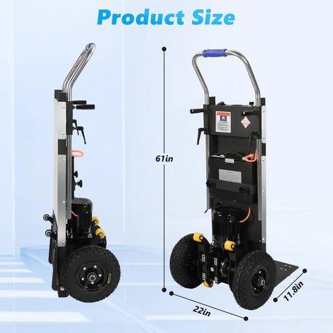 Heavy Duty Electric Stair Climbing Cart 1500W Motor With Anti-Slip Tires, Adjustable Speed Powered Hand Truck For Moving Appliances Furniture And Heavy Loads Silver side view with dimensions 61in height, 22in width, and 11.8in depth.