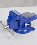 Swivel Bench Vise 6 Inch Heavy Duty Cast Iron Workbench Clamp For Mechanics And DIYers Rotating Tool Holder With Secure Locking Base blue cast iron vise with swivel base and locking handle.
