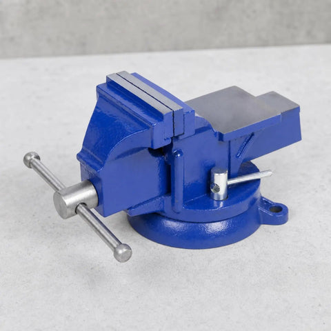 Swivel Bench Vise 6 Inch Heavy Duty Cast Iron Workbench Clamp For Mechanics And DIYers Rotating Tool Holder With Secure Locking Base blue cast iron vise with swivel base and locking handle.