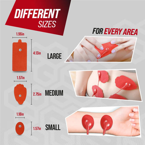 Top Shelf Reusable Electrode Pads For TENS And EMS Units 20 Pack Red Replacement Gel Pads shown in different sizes for versatile use.