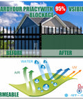 Comparison image showing Six Foot By Fifty Foot Fence Privacy Screen For Outdoors blocking views on a fence with airflow diagram.