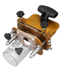 Rock Solid Stainless Steel Router Mortising Jig Acting As A Slick Woodworking Slotting Positioner with clear base and adjustable knobs.