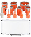 Get Your Drilling Done With This Badass Hole Saw Kit Featuring 11 Sizes From 6mm To 68mm. Vacuum Brazed For Ceramic Tile Marble And Granite. Super Fast Cutting, No Chips Flying Here And There. Comes With Hex Adapter For Instant Install. DIY Warriors And. 11pc orange hole saw set with hex adapter and aluminum case