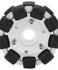 Front view of 100mm Double Aluminum Omni Wheel For Robots, Heavy Duty 30Kg Load Capacity, 18 Rubber Rollers, Smooth 360 Degree Movement.