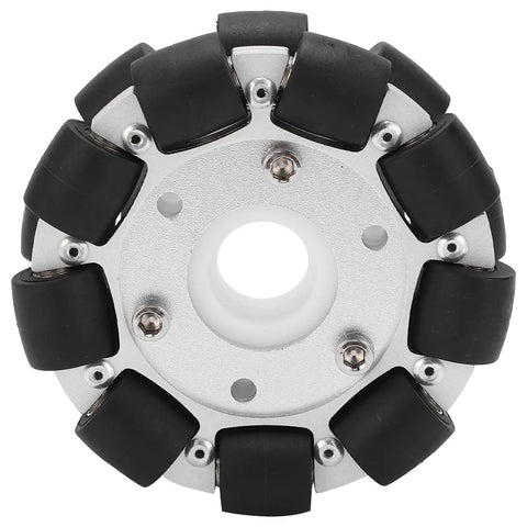 Front view of 100mm Double Aluminum Omni Wheel For Robots, Heavy Duty 30Kg Load Capacity, 18 Rubber Rollers, Smooth 360 Degree Movement.