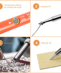 60W 110V Adjustable Temperature Soldering Iron Pen with knob, hanging tin, soldering action, and cleaning tip on a sponge.