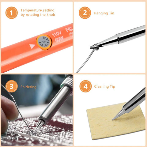 60W 110V Adjustable Temperature Soldering Iron Pen with knob, hanging tin, soldering action, and cleaning tip on a sponge.