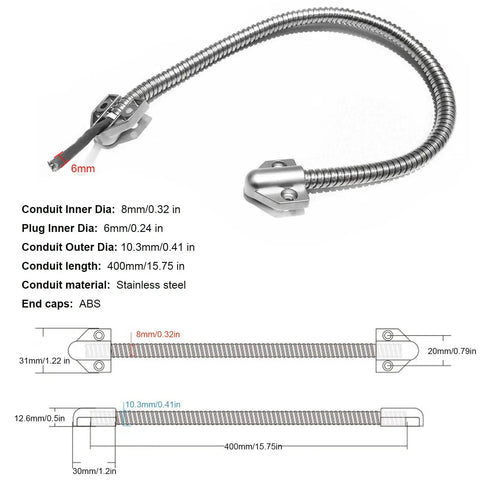 Armored Door Loop Wire Protector 3 Pack Stainless Steel Cable Sleeve with conduit diagram and specifications