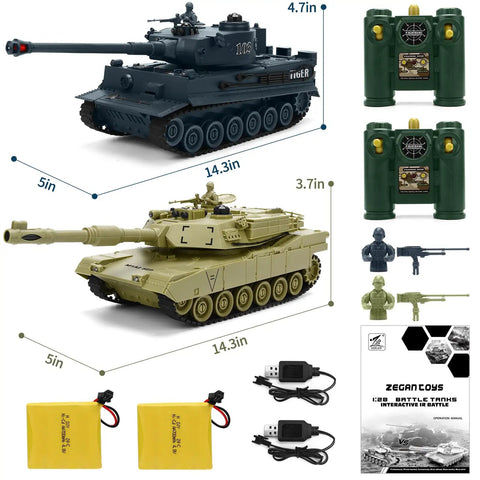 Dual RC Battle Tank Set With Infrared Shooting, Realistic Lights And Sounds, 1 28 Scale Abrams M1A2 And German Tiger Tanks, accessories included