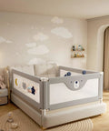 No Drill King Size Bed Rails For Kids Three Piece Guard with gray bear design installed on king-size bed in child's room