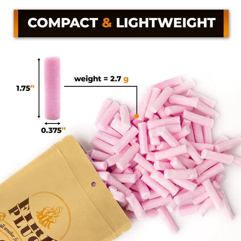 Non Toxic Waterproof Fire Starters Keep It Lit With Five Minute Burn For Emergencies Survival Campfires Fire Pits And Grills Made In The USA 30 Pack For Any Adventure shown as pink cylindrical plugs with measurements and packaging.