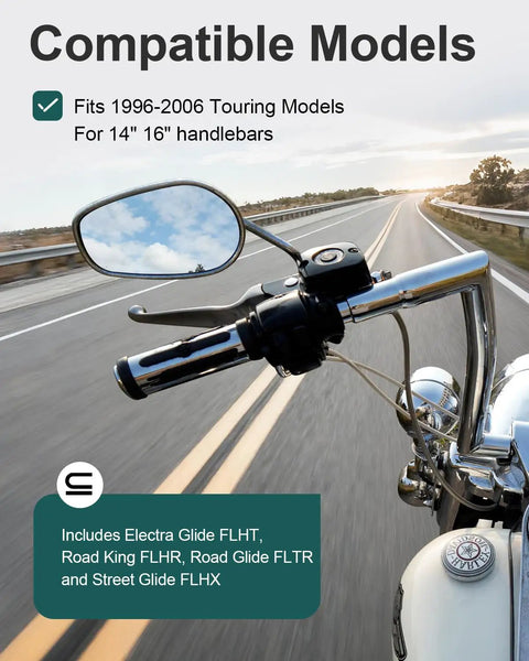 Motorcycle view showing Harley Touring Handlebar Wiring Extension Harness Kit With Switch Control Wires on road.