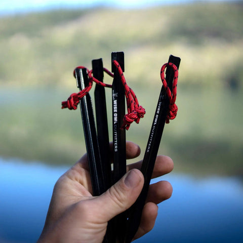 Hand holding stakes for Waterproof Hammock Rain Fly Tarp With Stakes And Carry Bag For Backpacking Ultralight Camping Shelter Ripstop Nylon