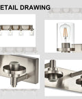 Detail drawing of Four Light Vanity Light in Brushed Nickel with clear glass shades, showing components and E26 base design.