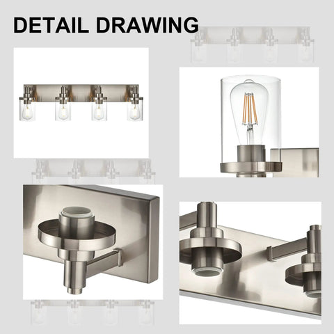 Detail drawing of Four Light Vanity Light in Brushed Nickel with clear glass shades, showing components and E26 base design.