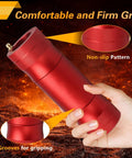 Red metal wheel bearing grease tool with knurled grip, handheld, for 30mm/39mm fittings, includes storage tube