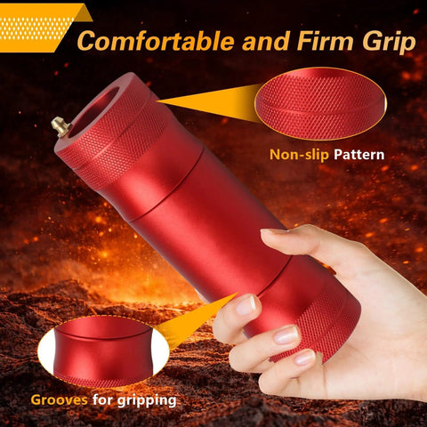 Red metal wheel bearing grease tool with knurled grip, handheld, for 30mm/39mm fittings, includes storage tube