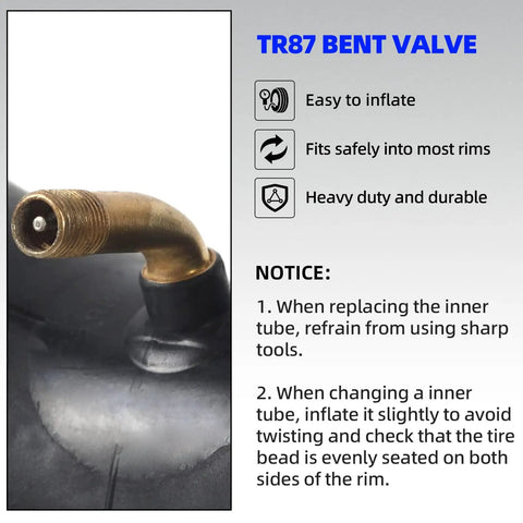 Close-up of TR87 bent valve stem on Beefy Heavy Duty 3.00-4 Inner Tubes With TR87 Bent Valve Stem For ATV Wheelbarrows Mowers Tractors Hand Trucks And More 2 Pack Replacement Tubes For 10 Inch Tires