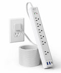 10 Foot Flat Extension Cord And Surge Protector Power Strip With Six Wall Outlets Dual USB A Plus Single USB C Charger, white, mounted