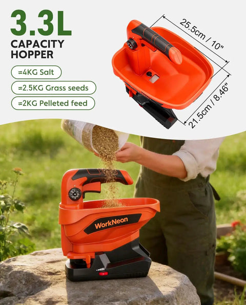 Battery Powered Cordless Seed Spreader Handheld Power Spreader For Lawns And Gardens with 3.3L orange hopper being filled outdoors.