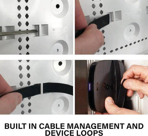 9 Inch In Wall Media Box For Device And Cable Management with customizable knockouts, removable mounting plate in use, close-up