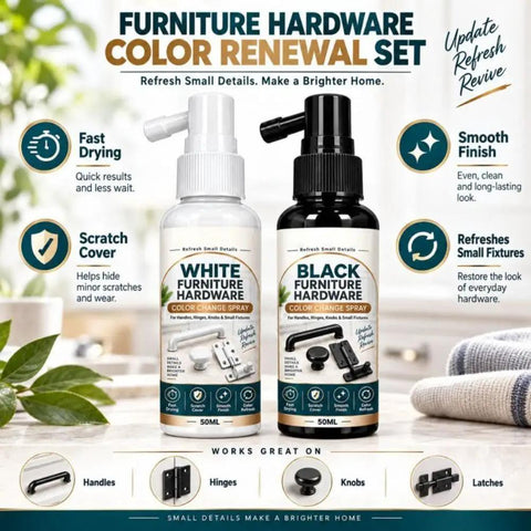 Cabinet Hardware Spray Paint, Quick-Dry Refinish for Knobs & Hinges, two spray bottles, black and white, 50ml, furniture hardware renewal set.