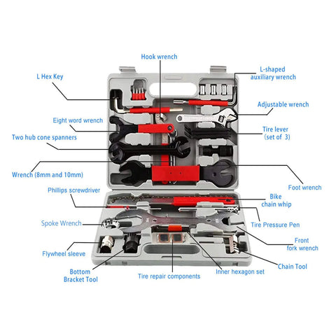 All In One Bike Repair Tool Kit For DIY Riders, open box showing multifunction maintenance set with carbon steel tools