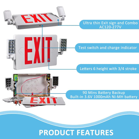Two Pack Ultra Slim Double Sided LED Emergency Exit Sign With Back Up Battery 120 To 277V Universal US Standard Red Letter Fire Resistant
