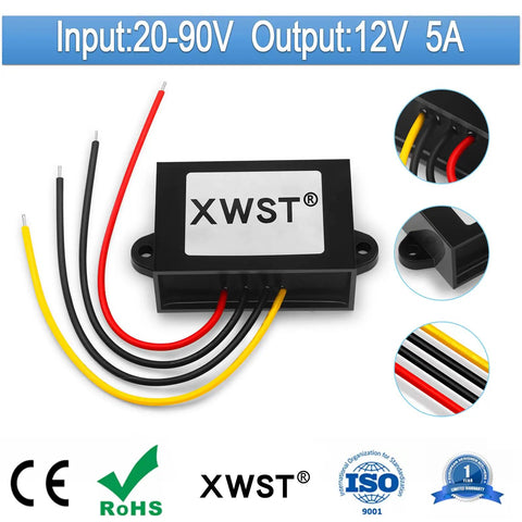 Beefy 20 To 90V DC To 12V Buck Converter with multicolored wires, 5A 60W output for golf carts, cars, and electronic systems