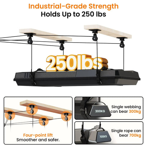 Garage Ceiling Storage Lift System For Roof Top Tent Hoist Heavy Duty Overhead Pulley 4 Point Lift 250lb Capacity shown