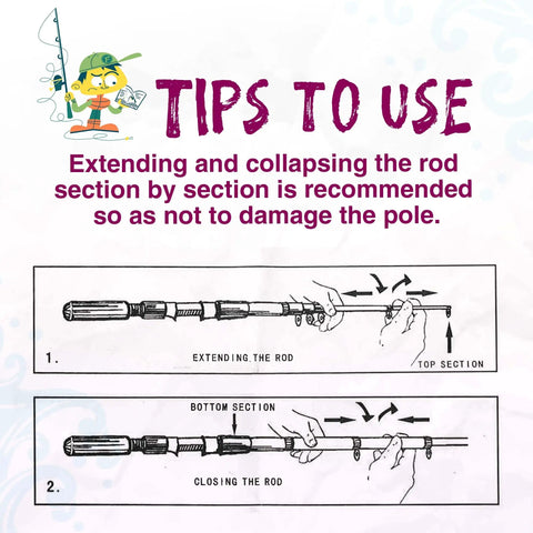 Illustration of extending and collapsing a Kid Friendly Portable Telescopic Fishing Rod And Reel Combo With Tackle Box In Lavender.