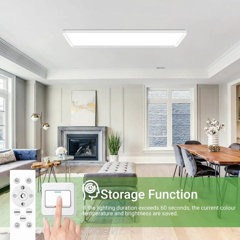 Flat Panel LED Light With Remote, 22.8x7.8 Inch, 32W, 3500LM, 3000K-6500K Adjustable Color Temperature, Dimmable Flush Mount Ceiling Fixture in a modern room.