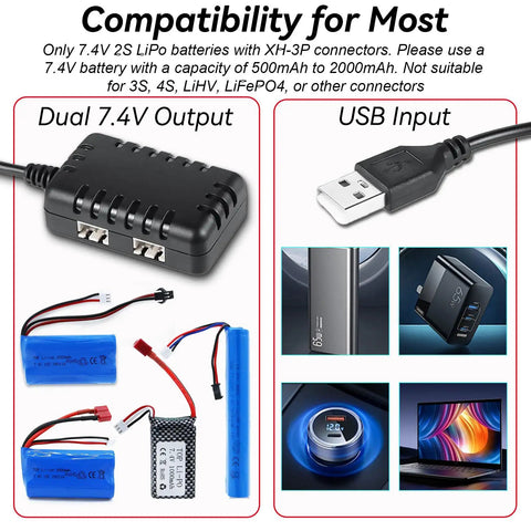 7.4V LiPo Battery Charger 2 in 1 USB Cable For RC Cars 2S Batteries XH3P Plug with dual output and USB input