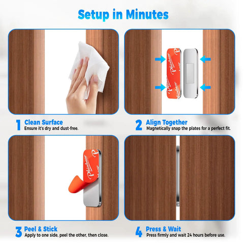 Two Pairs No Drill RV Cabinet Magnets installation guide for camper and motorhome doors, showing step-by-step setup process.