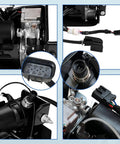 FLOVENTIS automotive air ride suspension compressor pump with wiring harness; front, side, close-up, installed views.