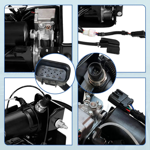 FLOVENTIS automotive air ride suspension compressor pump with wiring harness; front, side, close-up, installed views.