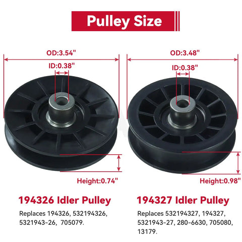 Two Pack V Groove And Flat Idler Pulleys Replaces 194326 194327 For Husqvarna YTH Decks size dimensions and specifications