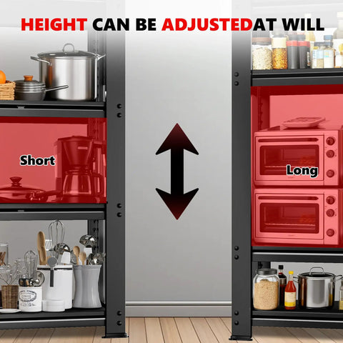 Ultra Heavy Duty 5 Tier Garage Shelving With Double Steel Legs And Two Side Pegboards showing adjustable height for versatile storage use.